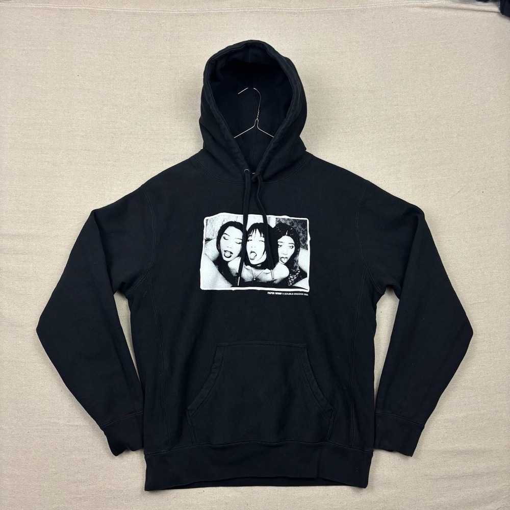 PAPER WORK X Double Dragon 2023 Black Graphic Streetwear Hoodie Mens Size Large